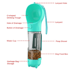 3-in-1 portable dog water bottle and food dispenser in vibrant colors for outdoor use