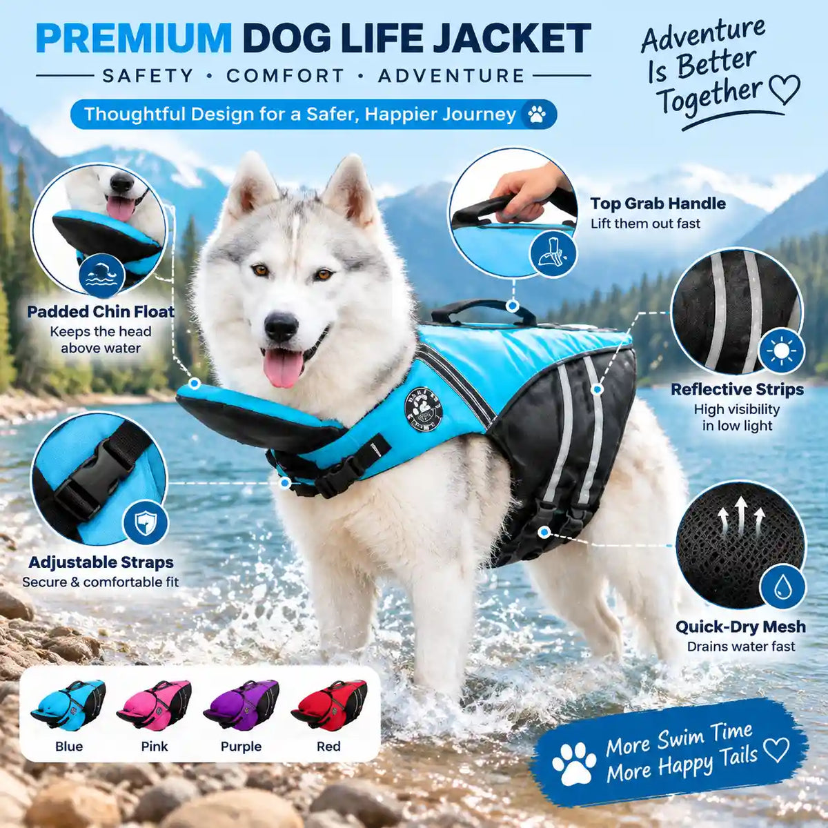 Dog Life Jacket - Adjustable Safety Swimming Vest for Dogs
