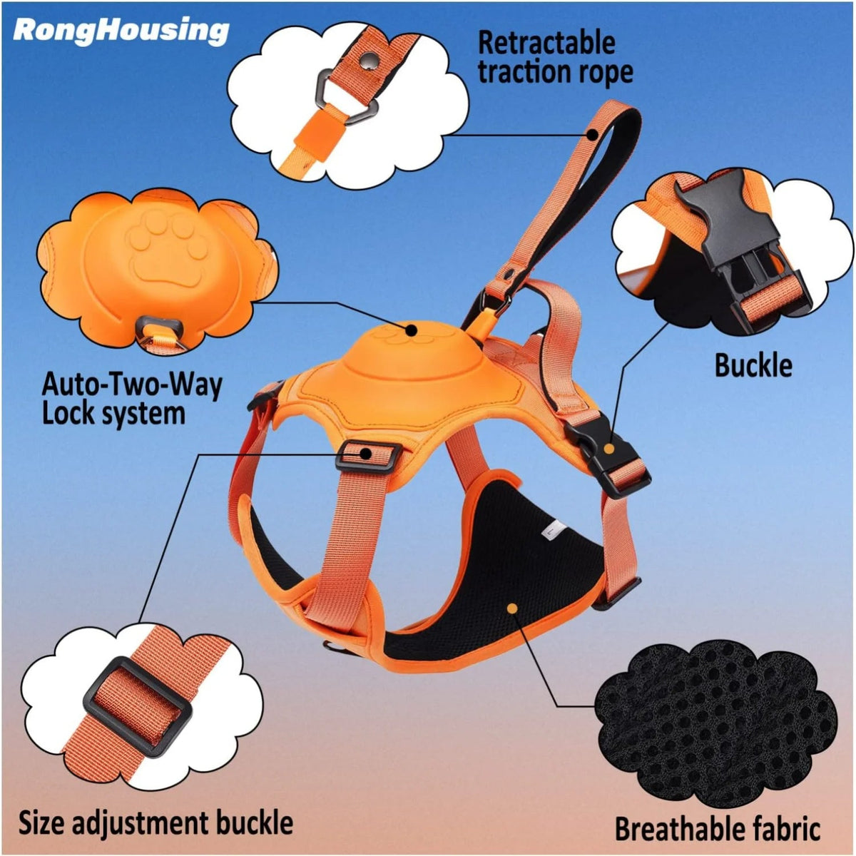Adjustable breathable mesh dog harness with retractable leash