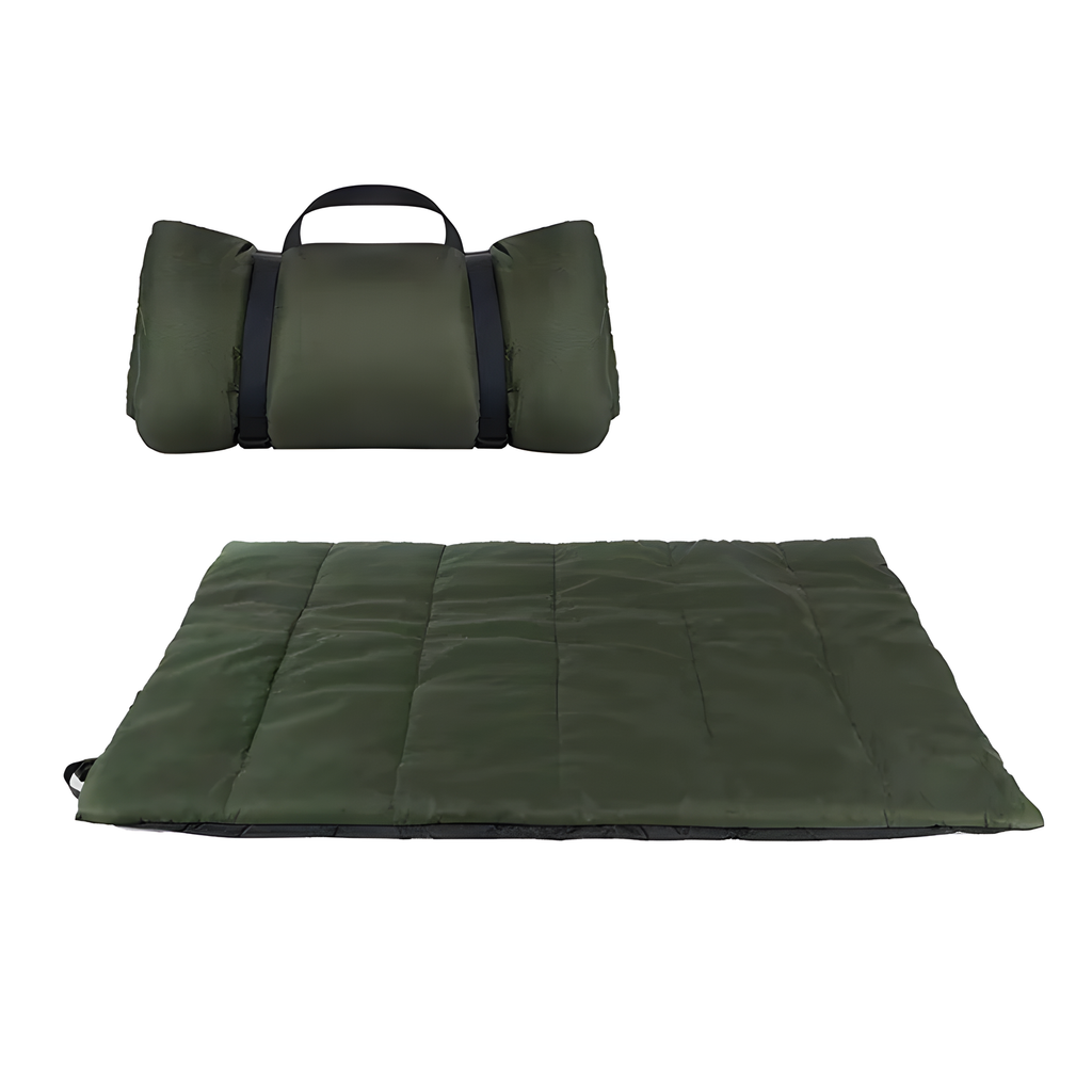 Army green roll-up dog travel mat shown unfolded and rolled with carry handle