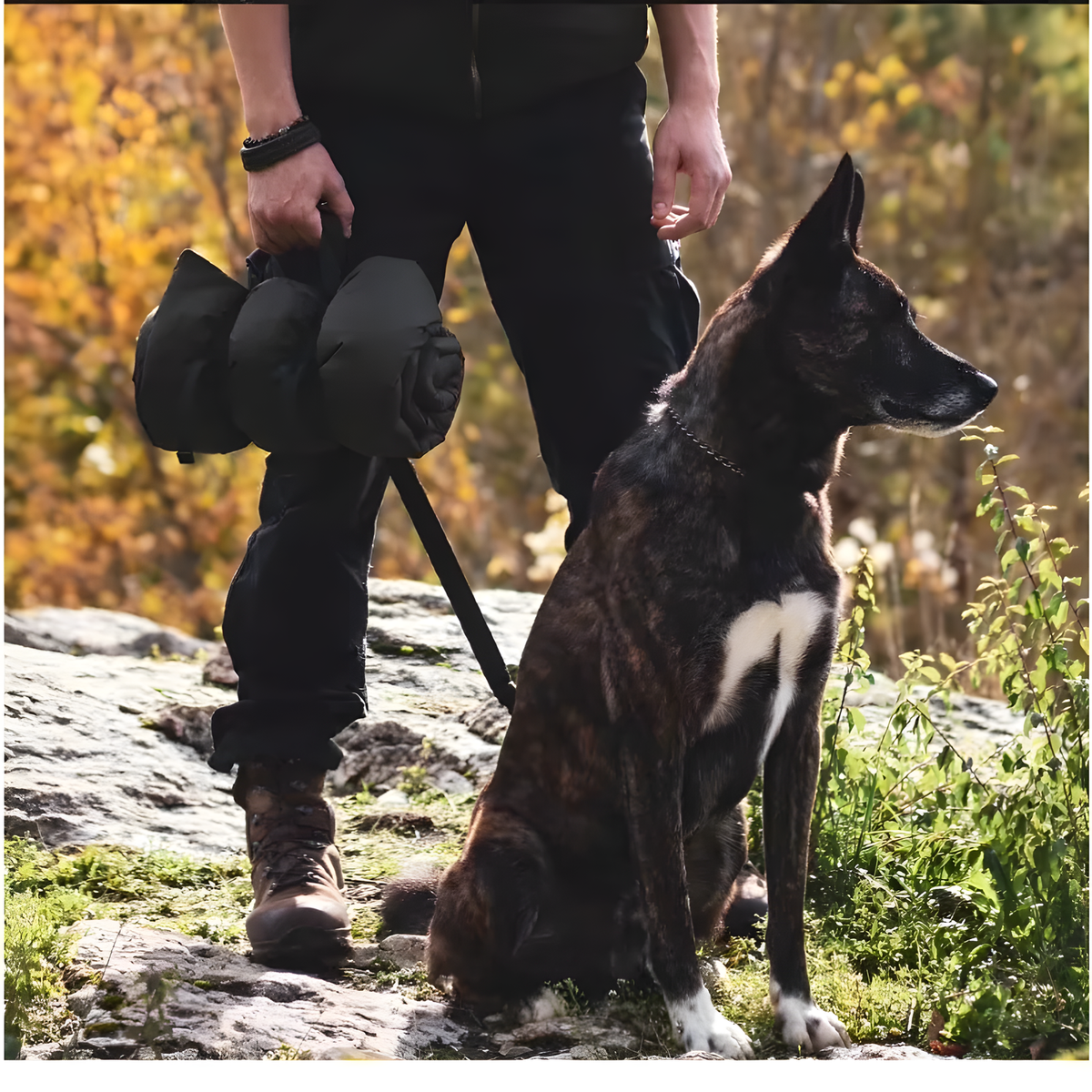 Person holding a rolled black dog travel mat outdoors next to a dog