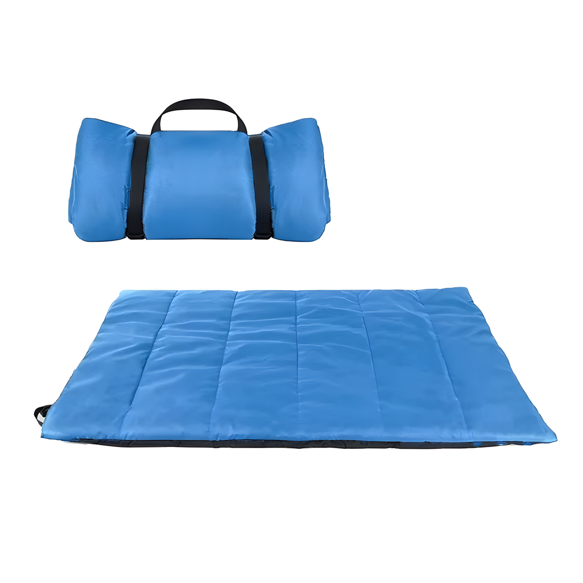 Blue roll-up dog travel mat folded with handle and unrolled resting pad