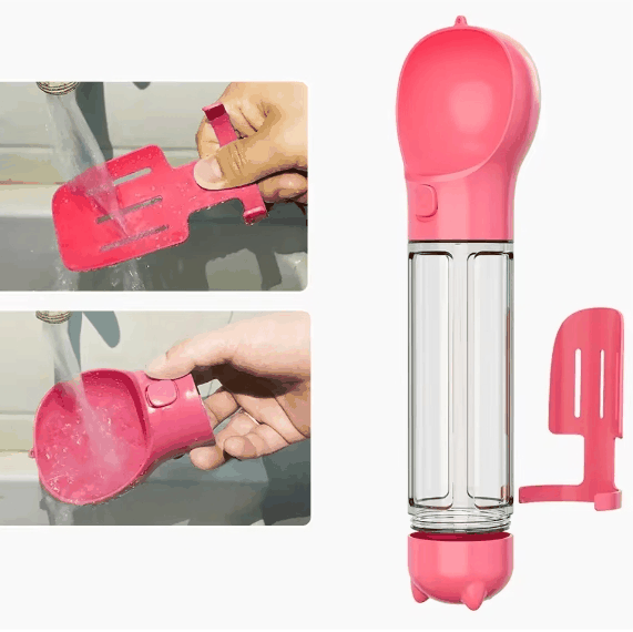 3-in-1 portable dog water bottle and food dispenser in vibrant colors for outdoor use