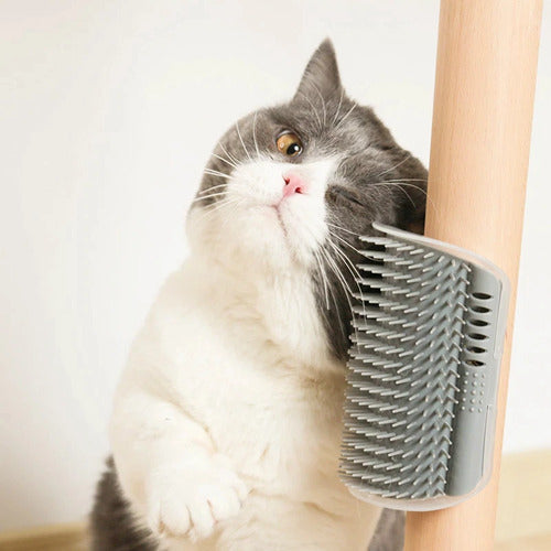 Grey cat rubbing face against corner self groomer brush attached to wooden furniture