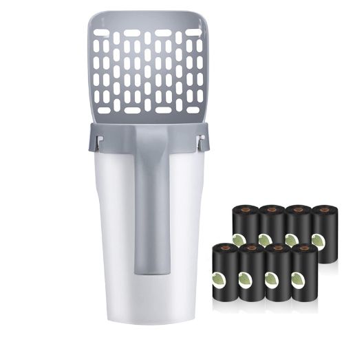Grey cat litter scoop with waste bin and refill trash bag rolls