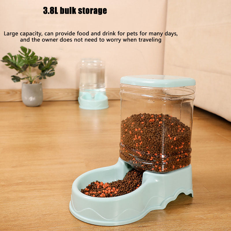Side view of dual pet feeder and automatic water station