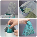 Demonstration of using a cat litter scoop with waste bag holder