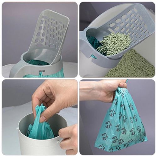 Demonstration of using a cat litter scoop with waste bag holder
