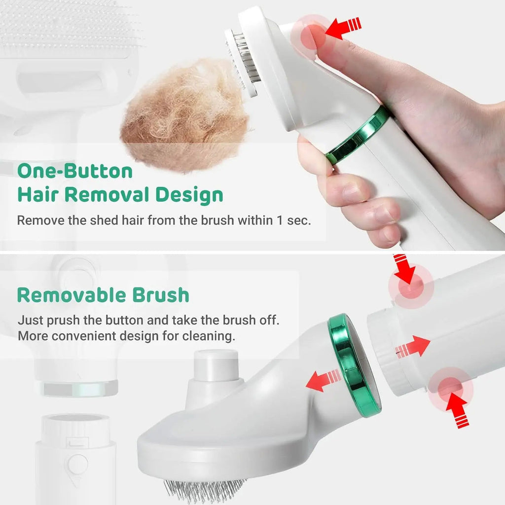 One button hair removal mechanism on pet drying brush for easy cleaning