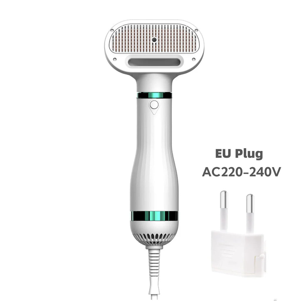 Pet drying brush removing loose undercoat fur from small dog