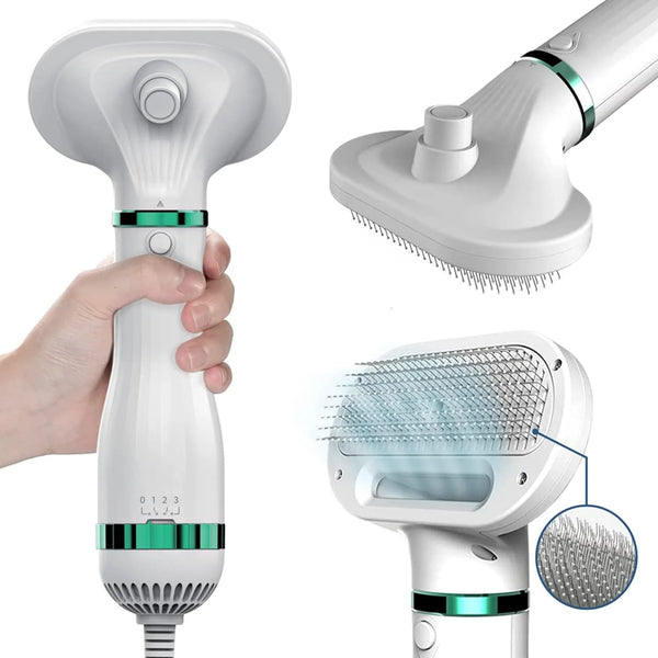 Pet drying brush in white with green accents and stainless steel soft pins