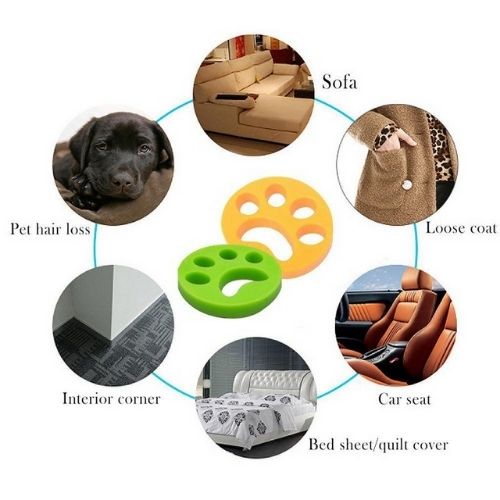Pet Hair Remover paw-shaped reusable flexible silicone tool in green and orange for removing animal hair from clothes and furniture
