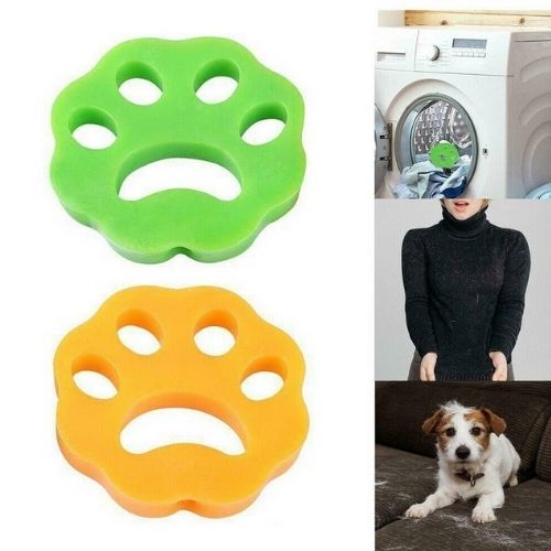 Pet Hair Remover set with two flexible adhesive paw-shaped discs in green and orange designed to capture pet hair in washing machines