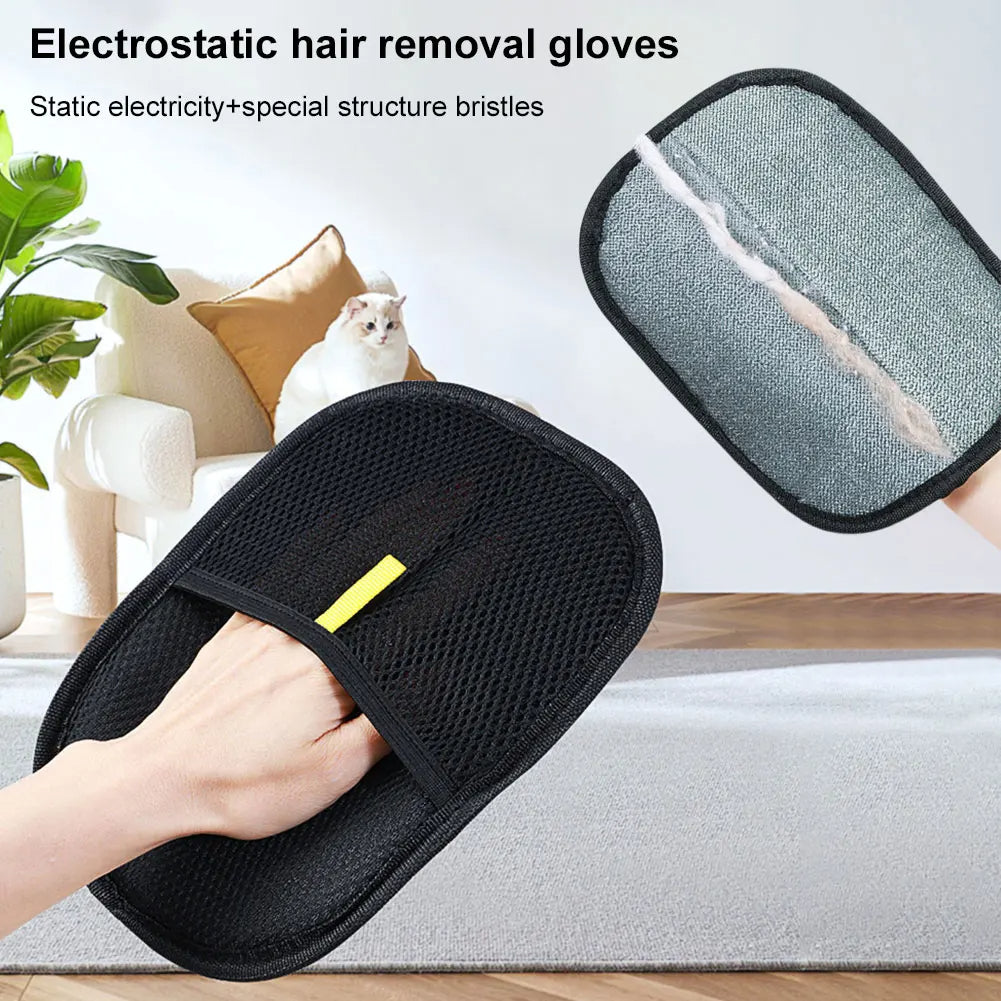 Reusable pet hair remover glove cleaning fur from couch sofa