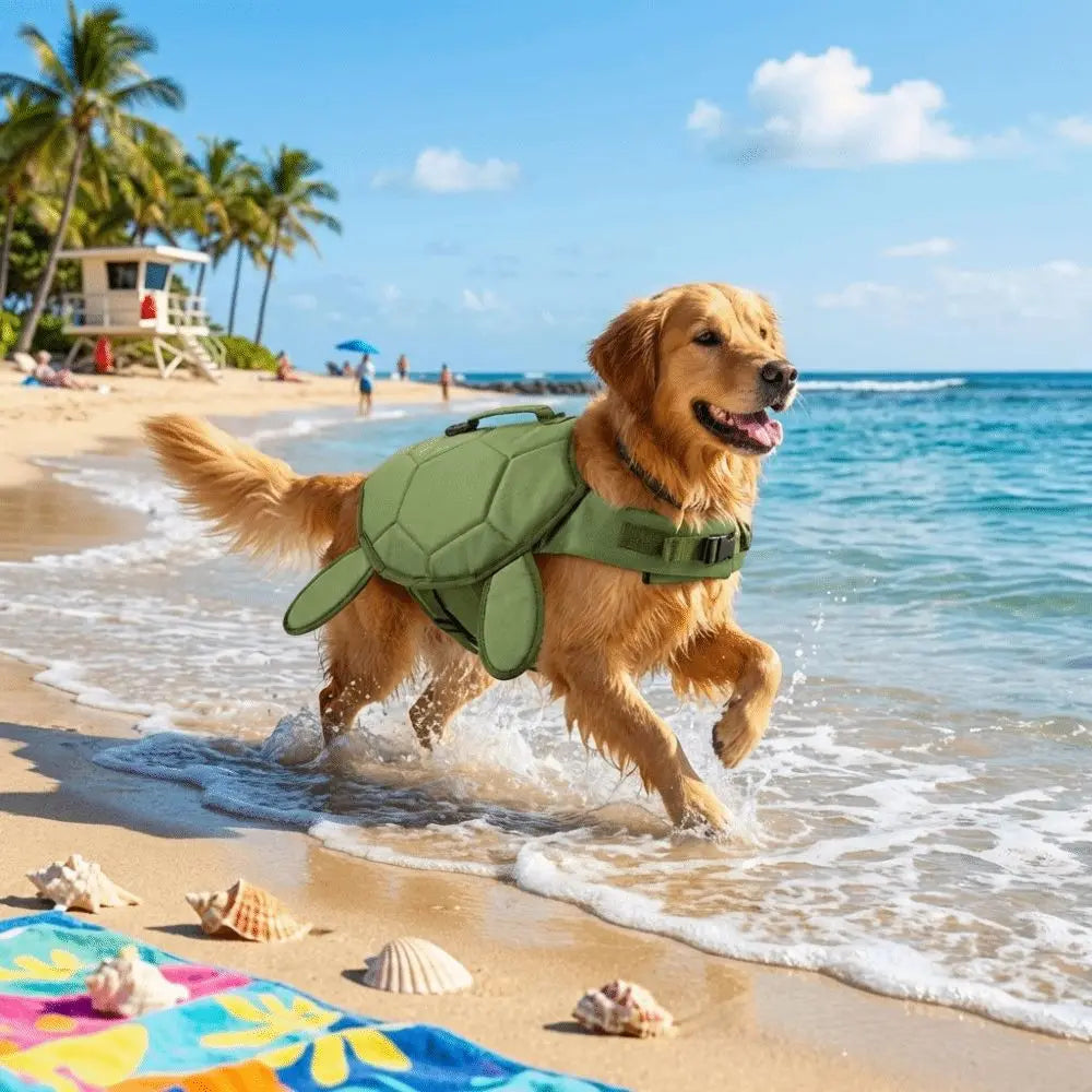 Side view of dog wearing turtle swimming vest for pool safety